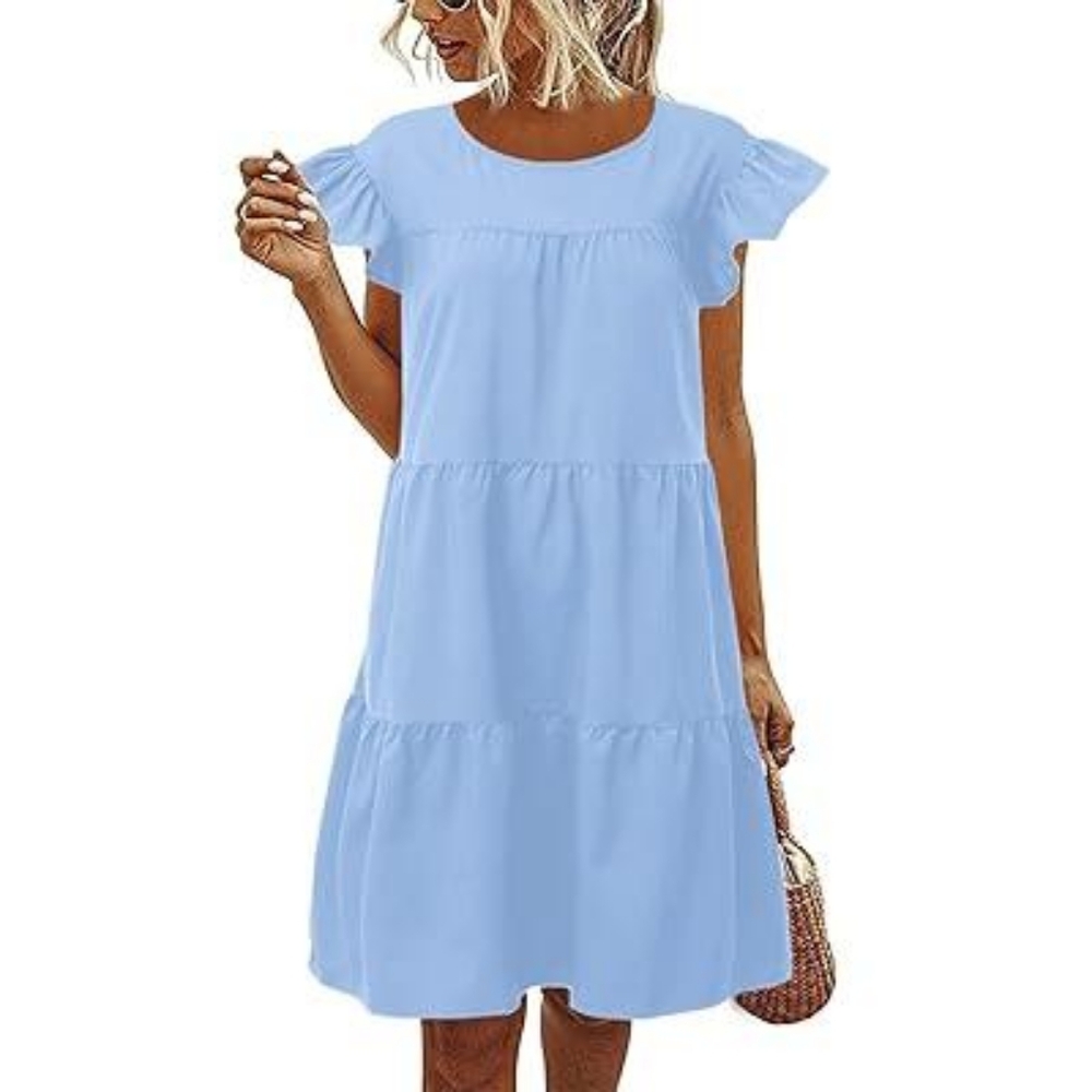 Womens ROUND NECK  Ruffle Tiered Dress Short Sleeve Babydoll
